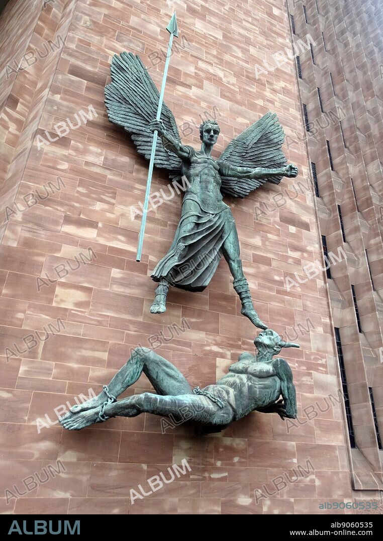 St Michael and the Devil. Sculpture by Jacob Epstein at St Michael's Cathedral, Coventry. built to replace the Cathedral which was bombed during the Second World War 1940.