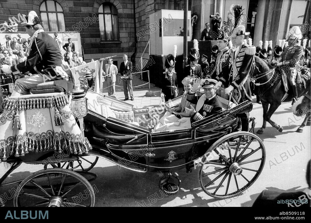 Prince Philip in the royal carriage with Queen Silvia in Stockholm, Sweden on May 25, 1983. Prince Philip and Queen Elizabeth II are in Sweden on a four-day official state visit May 25 to 28. Photo: Dan Hansson / SvD / TT / code 12014.