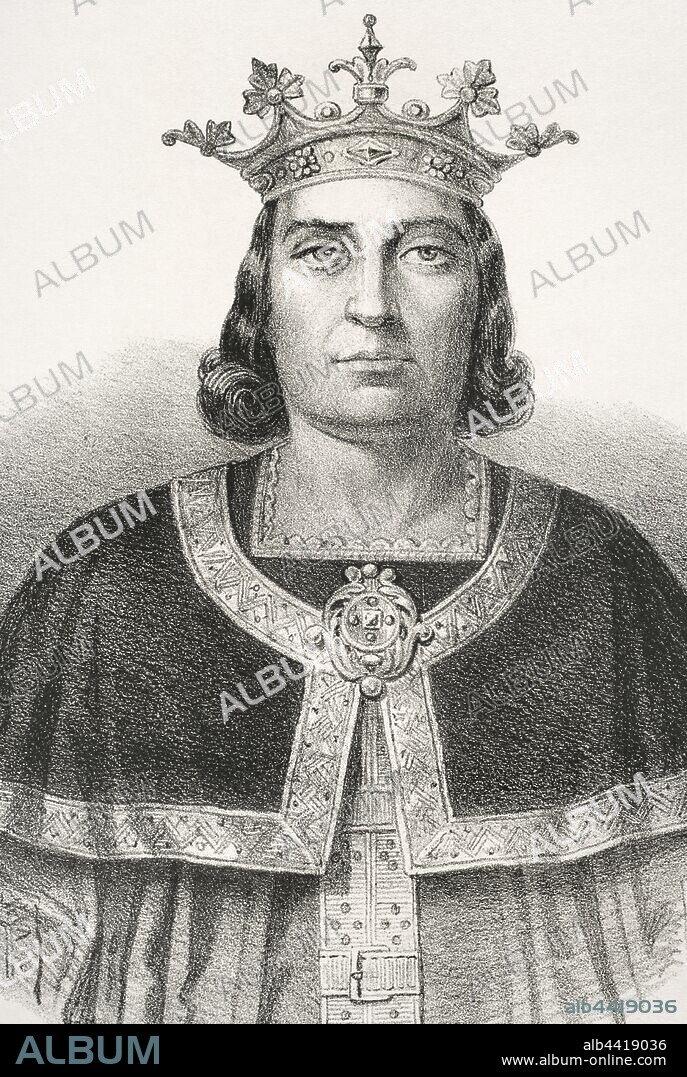 Fernando III de Castilla"el Santo" (1199/1201-1252). Rey de Castilla entre 1217-1252 y de León entre 1252-1252. Unificó los reinos de Castilla y León. Dibujo por Letre. Litografía. Detalle. Crónica General de España, Historia Ilustrada y Descriptiva de sus Provincias. Galicia,1866. Biblioteca Histórico Militar de Barcelona, Cataluña, España.