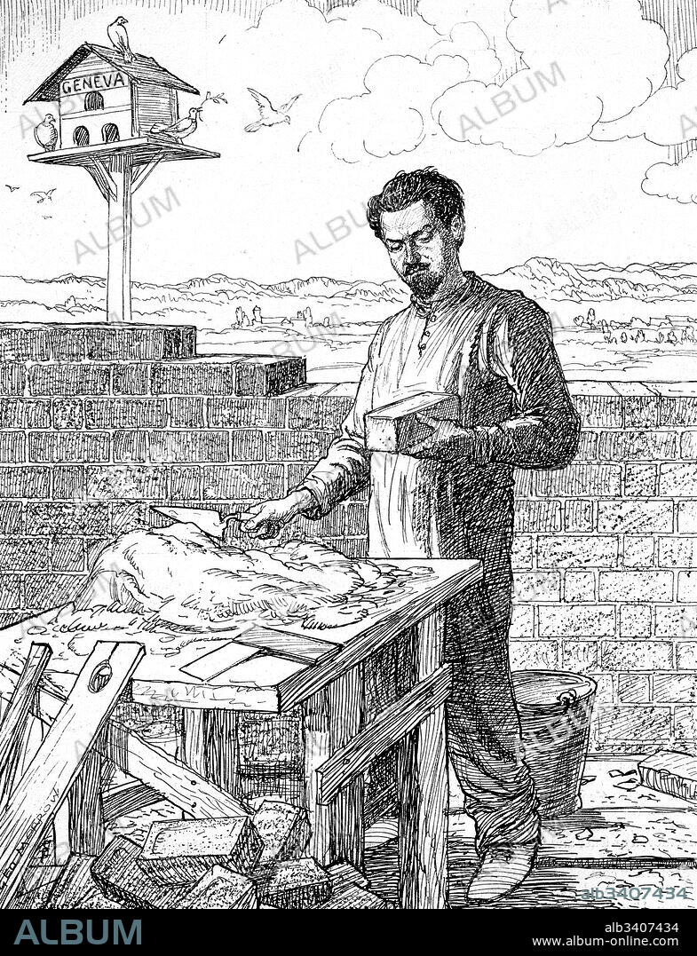 Satirical depicting Italo Balbo (1896-1940) an Italian Blackshirts, leader of Italy's Marshal of the Air Force, Governor-General of Libya, Commander-in-Chief of Italian North Africa and 'heir apparent' to Italian dictator Benito Mussolini. Balbo is shown building a wall to keep out the Geneva Doves. Illustrated by George Morrow (1869-1955) an Irish cartoonist and book illustrator. Dated 20th Century.