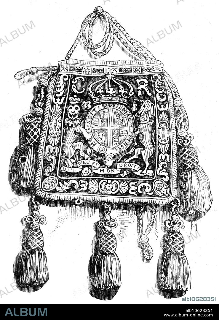 The Privy Purse of Catherine of Braganza, at Sizergh Hall, Westmorland, 1862.  Engraving of '...the badge of office belonging to Sir Thomas Strickland. Keeper of her Privy Purse. It is of crimson velvet, the shape and size of a large reticule, richly embroidered with the Royal arms and the initials "C. R." in gold and silver twist, and is still loyally preserved among the heirlooms of the Strickland family at Sizergh Hall, in Westmorland'. From "Illustrated London News", 1862.