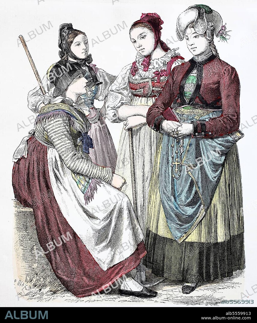 Folk traditional costume, clothing, history of costumes, woman from the Black Forest, the Schwapbachtal and from Hauenstein, Baden-Württemberg, Germany, 1885, Historical, digitally restored reproduction of a 19th century original, Europe.