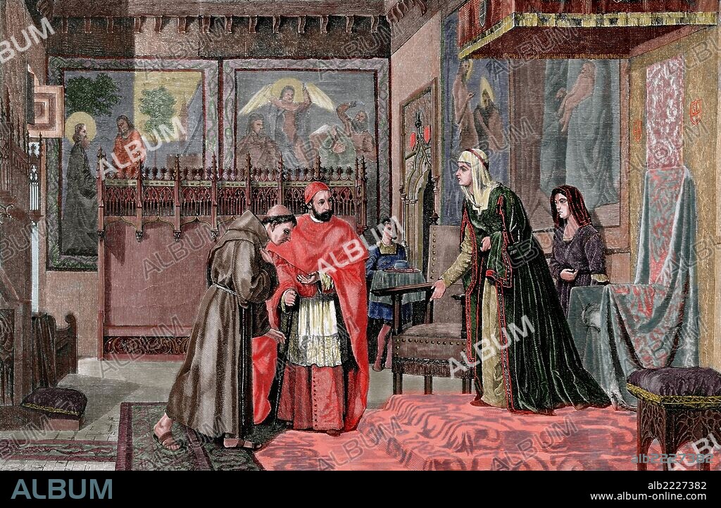 Kingdom of Castile. Interview between Queen Isabella I of Castille (1451-1504) and Ximenez de Cisneros (1436-1517) . Engraving of R. Milliet. La Ilustracion EspaÃ±ola y Americana, 1872. Colored.