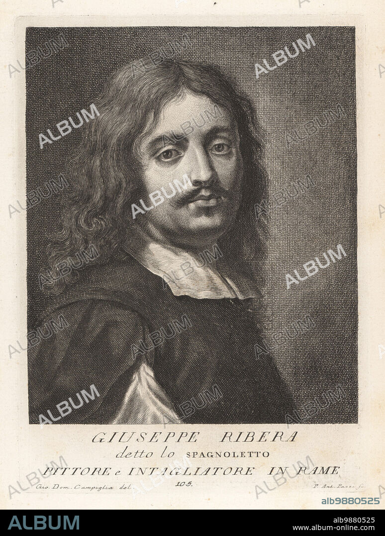 Luca Giordano, Italian late-Baroque painter and printmaker, 1634-1705. Identified by Nicola Spinosa in 2006. (Mislabeled Giuseppe de Ribera or Jose de Ribera, painter and printmaker, known as lo Spagnoletto.) Copperplate engraving by Pietro Antonio Pazzi after Giovanni Domenico Campiglia after a self portrait by the artist from Francesco Moucke's Museo Florentino (Museum Florentinum), Serie di Ritratti de Pittori (Series of Portraits of Painters) stamperia Mouckiana, Florence, 1752-62.