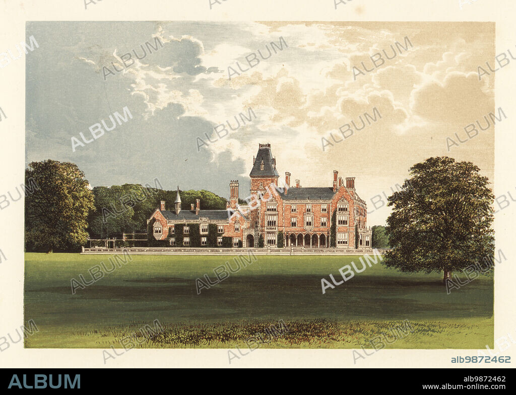 Hemsted Park, Kent, England. Elizabethan-style brick house designed by architect David Brandon built in 1859 for new owner Gathorne Gathorne-Hardy, Lord Cranbrook. Colour woodblock by Benjamin Fawcett in the Baxter process of an illustration by Alexander Francis Lydon from Reverend Francis Orpen Morriss Picturesque Views of the Seats of Noblemen and Gentlemen of Great Britain and Ireland, William Mackenzie, London, 1880.