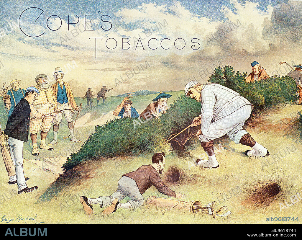 Satirical advertisement for Cope's Tobaccos, c1890s. During the 1890s Cope's Tobaccos commissioned a series of political prints from artist John Wallace, who drew carttons as 'George Pipeshank'. The golfer in the bunker is most probably Prime Minister WE Gladstone.