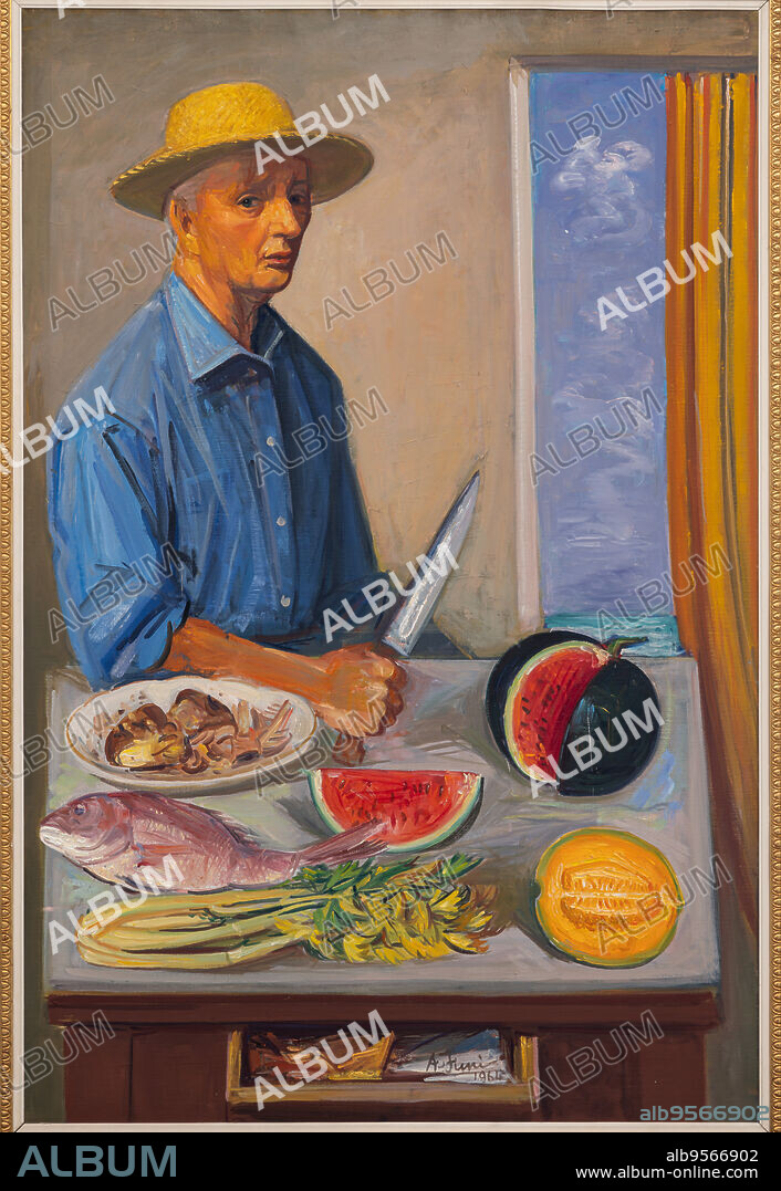 Achille Funi (1890 - 1972): Self portrait with table, Water Melon and Fish; oil painting on canvas; cm 150 x 200.. Assicoop Unipol collection.