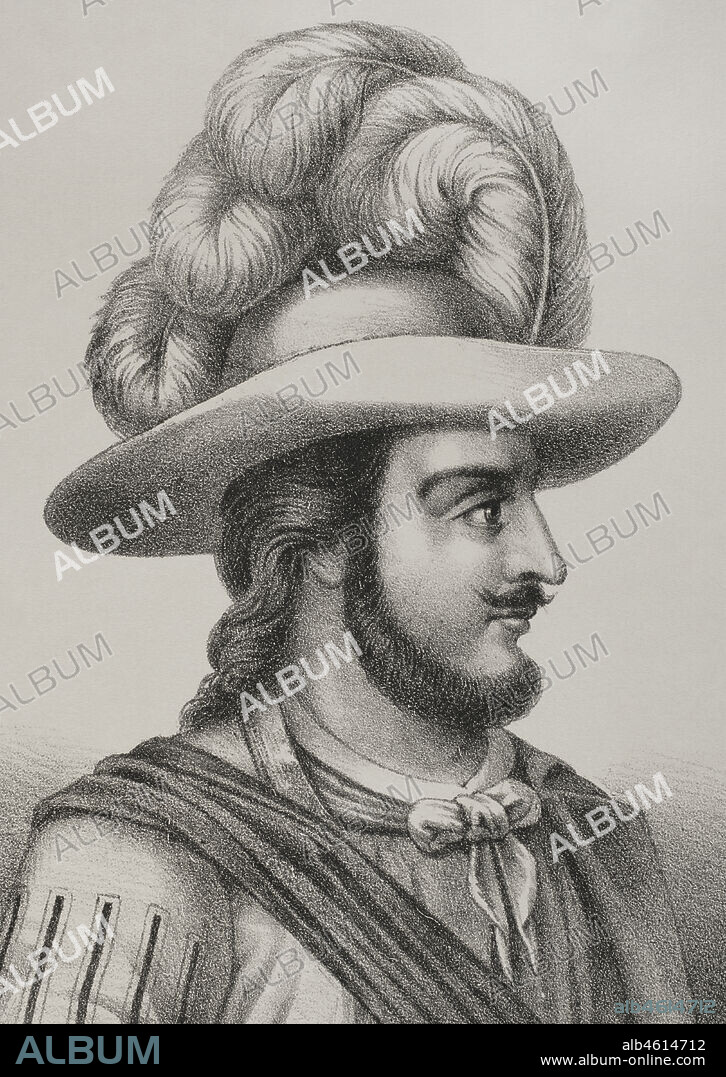 Miguel López de Legazpi (1502-1572). Spanish admiral. First Governor-General of the Captaincy General of the Philippines (1565-1572). Founder of the city of Manila in 1571. Portrait. Lithography. Detail. Crónica General de España, Historia Ilustrada y Descriptiva de sus Provincias (General Chronicle of Spain, Illustrated and Descriptive History of its Provinces), Philippines, 1871.