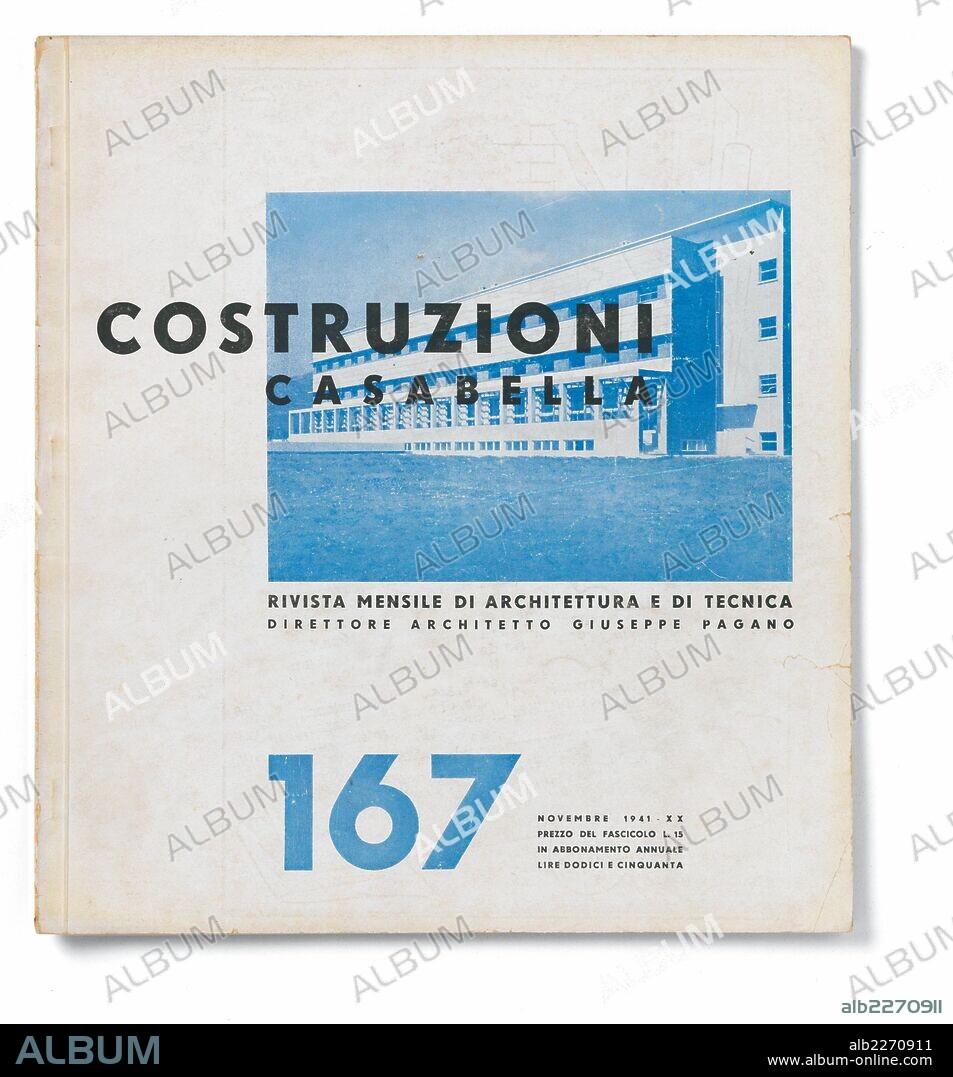 Casabella, No. 167, November 1941-XX, 20th century, Arnoldo Mondadori Editore, Milan, 28 x 31 cm. Whole artwork view. On a white background, in a box, a view of a building, in blue.