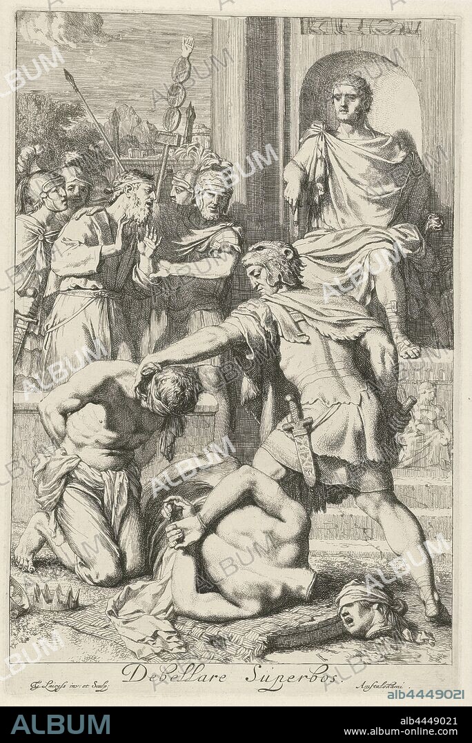 Decapitation of two kings by order of a Roman emperor Debellare Superbos (title on object) Fundamental principle of Roman politics (series title), From his throne, a Roman emperor orders an executioner to behead a blindfolded king. The head of the second king is already chopped down on the ground. In addition to the emperor, a begging man is stopped by a number of soldiers. This print illustrates the second part of the fundamental principle of Roman politics, as incorporated by Vergilius: 'Parcere subiectis, sed debellare superbos' (Vergilius, Aenei 6 853). According to this principle, the subjects would be spared, but those who persisted in resisting were destroyed. Pendant of a print on the first part of this maxim., Violent death by beheading, emperor, Gerard de Lairesse (mentioned on object), Amsterdam, 1670, paper, etching, h 314 mm × w 209 mm.