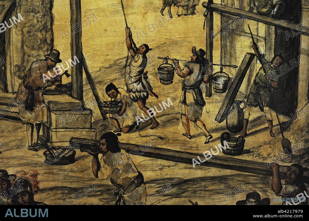Construcción de la Villa Rica de la Vera Cruz, con la ayuda de los indios Totonacas. Detalle de la tabla 3 de la serie de 24 cuadros sobre la conquista de México realizada para Carlos II. Juan y Miguel González (activos en la segunda mitad del siglo XVII). Virreinato de la Nueva España. México, 1698. Técnica: Enconchado, óleo. Soporte: Lienzo sobre tabla. Museo de América. Madrid. España.