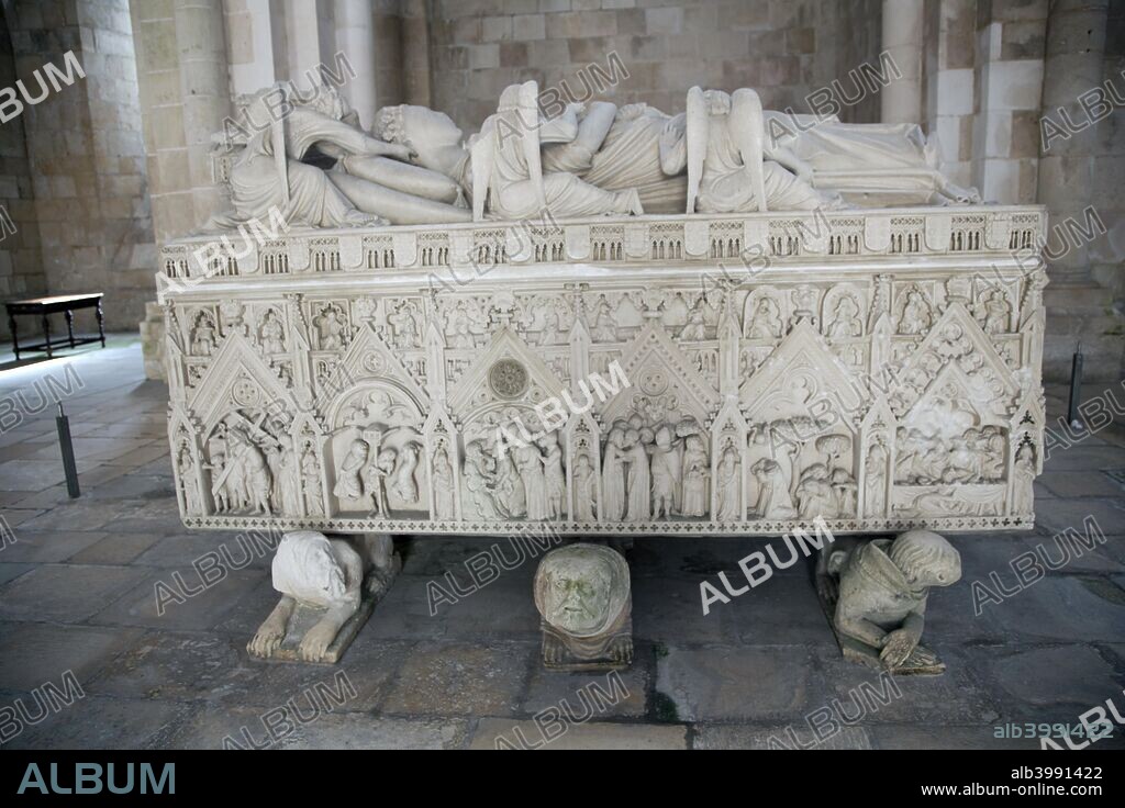 Sarcophagus of Ines de Castro, Monastery of Alcobaca, Alcobaca, Portugal, 2009. King Pedro I of Portugal (1320-1367) commissioned marble tombs for himself and his beloved mistress, Ines de Castro (1325-1355), facing each other so that on Judgment Day their first sight will be of each other. Ines was declared Pedro's lawful wife, and therefore Queen of Portugal, posthumously. Though damaged, the sarcophagi are the greatest pieces of sculpture from 14th century Portugal. Both tombs have effigies of the deceased assisted by angels. The sides of Pedro's tomb are decorated with episodes from the life of St Bartholomew and scenes from his life with Ines, including a promise that they will be together até ao fim do mundo (until the end of the world). Her tomb is decorated with scenes from the life of Christ and the Last Judgment. Alcobaca Monastery was designated a World Heritage Site in 1989.