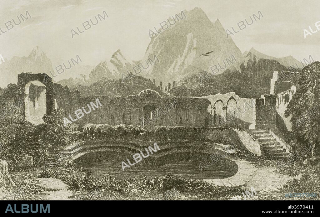 Tunisia. Zawan Baths. Lemaitre direxit. Engraving. Panorama Universal. History of Carthage, 1850.