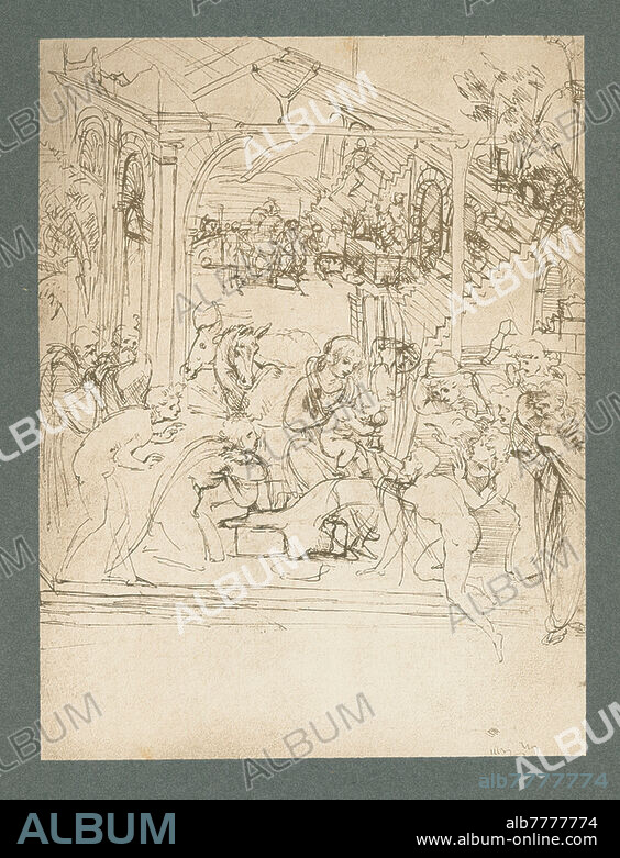 Leonardo da Vinci; 1452-1519. "Die Anbetung der Könige". Faksimile des Originals, um 1478/81 (Kompositionsskizze zu der Anbetung der Könige in den Uffizien in Florenz. Feder und Tinte über Metallstift auf Papier, 285 x 215 mm. Paris, Musée du Louvre, Département des Arts Graphiques, Inv. Nr. RF1978-recto). Reproduktion im Kohledruckverfahren nach Fotografie der Photographischen Kunstanstalt Adolphe Braun (Adolphe Braun, 1812-1877, unter Mitarbeit von Charles Braun, 1815-1872, Henri Braun, 1837-1876, und Gaston Braun, 1845-1928). Aus der Mappe: Handzeichnungen von Leonardo da Vinci. Reproduziert und herausgegeben von Braun und Cie., Paris, Dornach (Elsaß), London und New York, o. J., Teil 1, 60 Handzeichnungen auf 40 Tafeln in einer Mappe vereinigt, Nr. 24. Privatsammlung.
