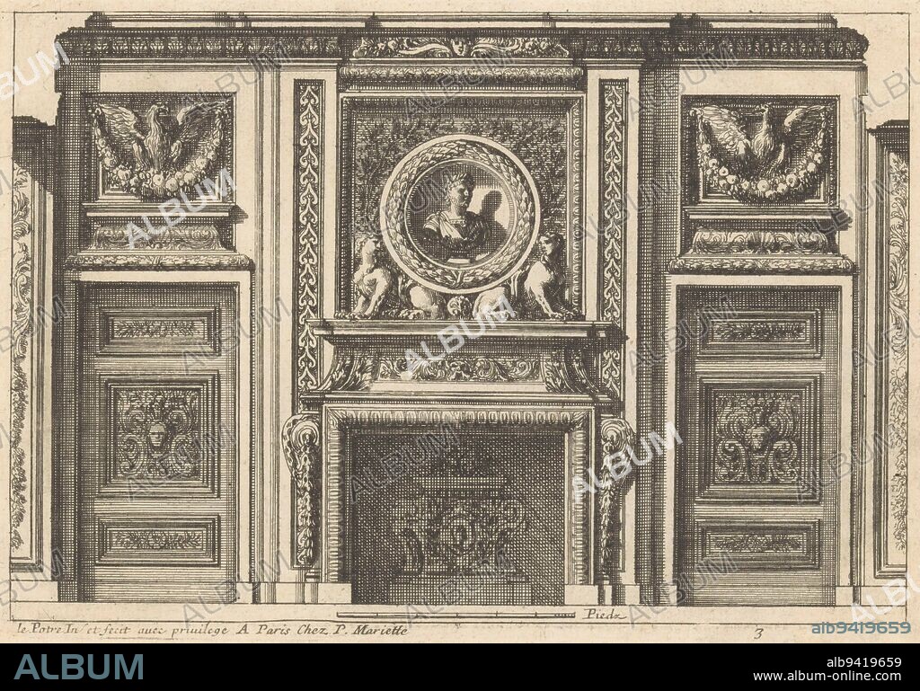 Fireplace with emperor bust, Jean Lepautre, 1658 - 1670, Section of a room with fireplace with emperor bust in round medallion supported by two sphinxes. On either side a door with dessus-de-porte with eagle., print maker: Jean Lepautre, (mentioned on object), Jean Lepautre, (mentioned on object), publisher: Pierre Mariette (II), (mentioned on object), Paris, 1658 - 1670, paper, etching, h 148 mm × w 214 mm.