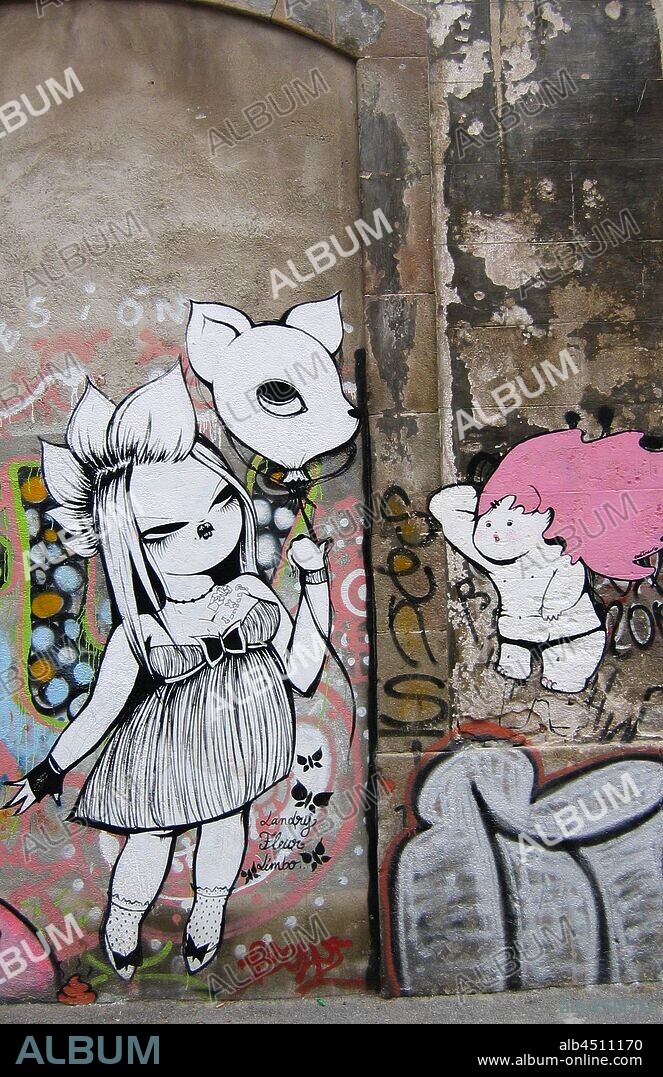 Pegatina con ilustracion de niña punky con globo cabeza de bambi en blanco y negro, graffiti mural, barrio Raval, Distrito V, Barcelona en 2016.