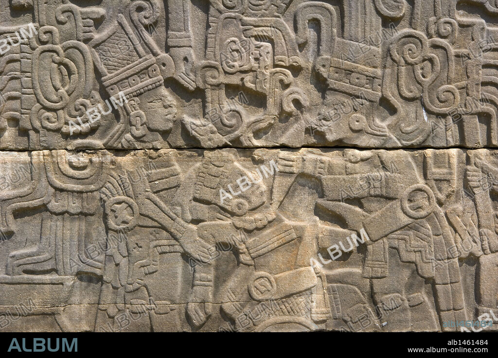 Mexico. Archaeological Site of El Tajin. Founded in the 4th century, achieved its greatest splendor between 800 and 1200. South ballgame court. Relief detail. Near Papantla. Veracruz State.