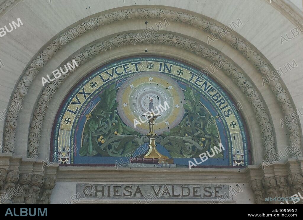 ANONYMOUS. Waldensian symbol "Lux lucet in tenebris" on the Tempio valdese di piazza Cavour in Rome.