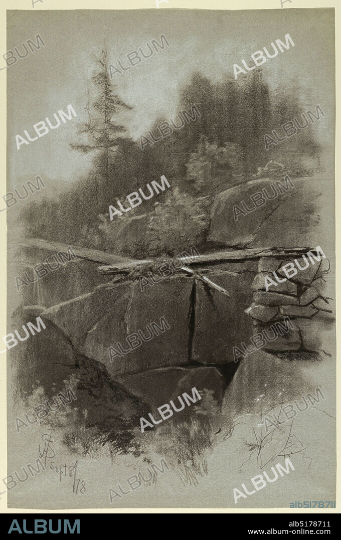 Rock Cliff, Francis Hopkinson Smith, American, 18381915, Charcoal, black and white chalk on gray laid paper, Vertical rectangle with large, flat-faced boulders with beams laying across the top at the center surrounded by large boulders and trees beyond; grass in foreground., USA, September 8, 1878, landscapes, Drawing, Drawing.