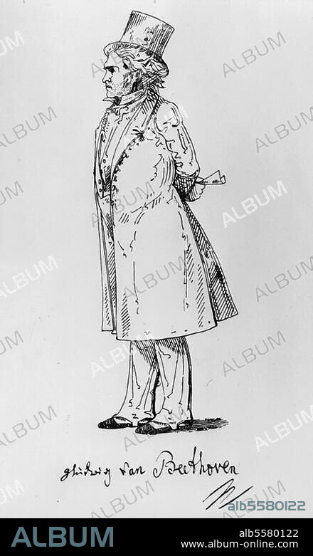 Beethoven, Ludwig van; Komponist; Bonn. (getauft) 17.12.1770 - Wien 26.3.1827. Beethoven als Spaziergänger. (Darunter: Beethovens Unterschrift). Federlithographie, um 1838, von Foller. (Freie Wiederholung der Federzeichnung, um 1825, von Johann Peter Lyser).