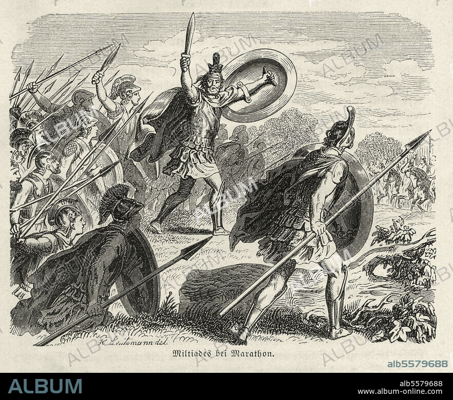 Perserkriege 500-479/78 v. Chr. Schlacht bei Marathon am 10. September. 490 v. Chr. (Die Athener unter Miltiades siegen über die Perser unter Datis und Ataphernes). "Miltiades bei Marathon". Holzstich, 1867, nach Zeichnung von Heinrich Leutemann (1824-1905). Aus: W. Wägner, Hellas, Leipzig (O.Spamer) 1867.