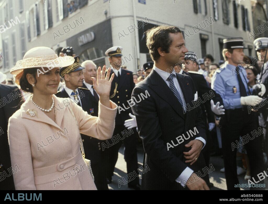 PAU 1980-06-19. kung Carl XVI Gustaf och drottning Silvia besöker Pau, födelseplatsen för kungens förfader marskalk Jean-Baptiste Bernadotte som senare blev vald till kung Karl XIV Johan av Sverige, under det svenska kungliga officiella statsbesöket i Frankrike 1980.. Foto: Olle Lindeborg / SCANPIX / Kod: 190.