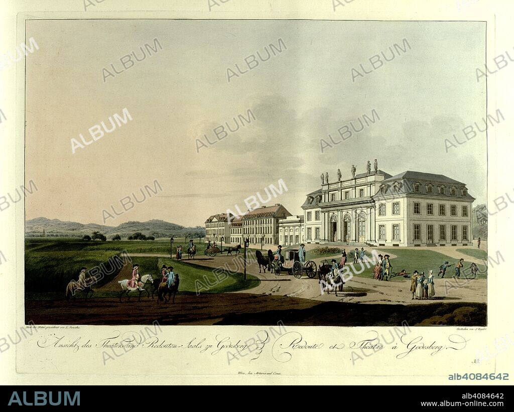 J ZIEGLER. Horsemen and carriages approach the Redoute Palace in Bad Godesberg. Ansicht des Theaters und Redouten Saals zu Godesberg = Redoute et TheÃ¢tre Ã  Godesberg. Wien : bey Artaria Comp., [1798]. hand-coloured etching. Source: Maps 6.Tab.12, plate 40. Language: German and French.