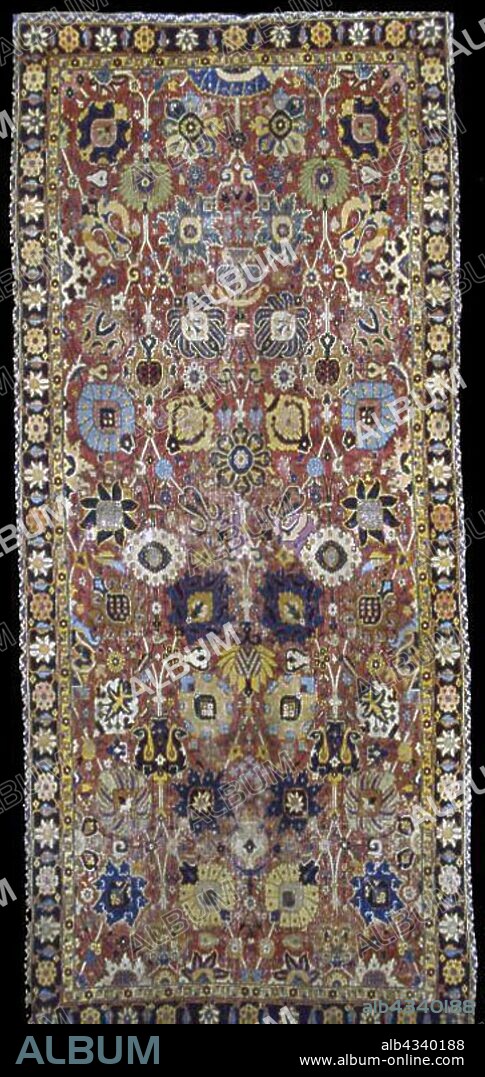 Carpet, 1601/25, Iran, Kerman, Iran, Cotton and wool, plain weave with supplementary wrapping wefts forming cut pile through a technique known as "Persian" (Sehna) knots, 341.4 x 149.1 cm (134 3/4 x 58 3/4 in.).