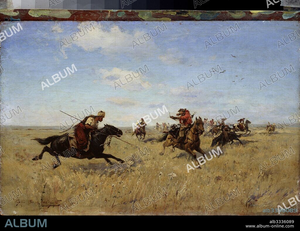 SERGEI IVANOVICH VASILKOVSKY. Fight between Dnieper Cossacks and Tatars.