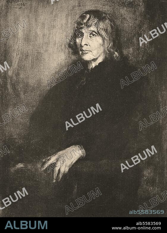 Dohm, Hedwig (Marianne Adélaïde), née Schlesinger, épouse de. (Ernst) Dohm, rédacteur en chef du journal satirique " Kladderadatsch". ; défenderesse des droits de la femme et femme de lettres allemande (amie de Lassalle, Humboldt et Fontane, entre autres). ; Berlin 20.9.1831 - id. 4.6.1919. - Portrait. Peinture, 1894, de Franz von Lenbach (1836-1904).