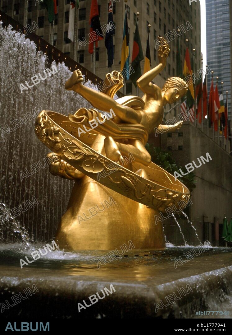 ASTROLOGY - Zodiacal belt with the images and sigils for the twelve signs of the zodiac below the statue of Prometheus by Paul Manship in the lower plaza, Rockefeller Centre, New York.