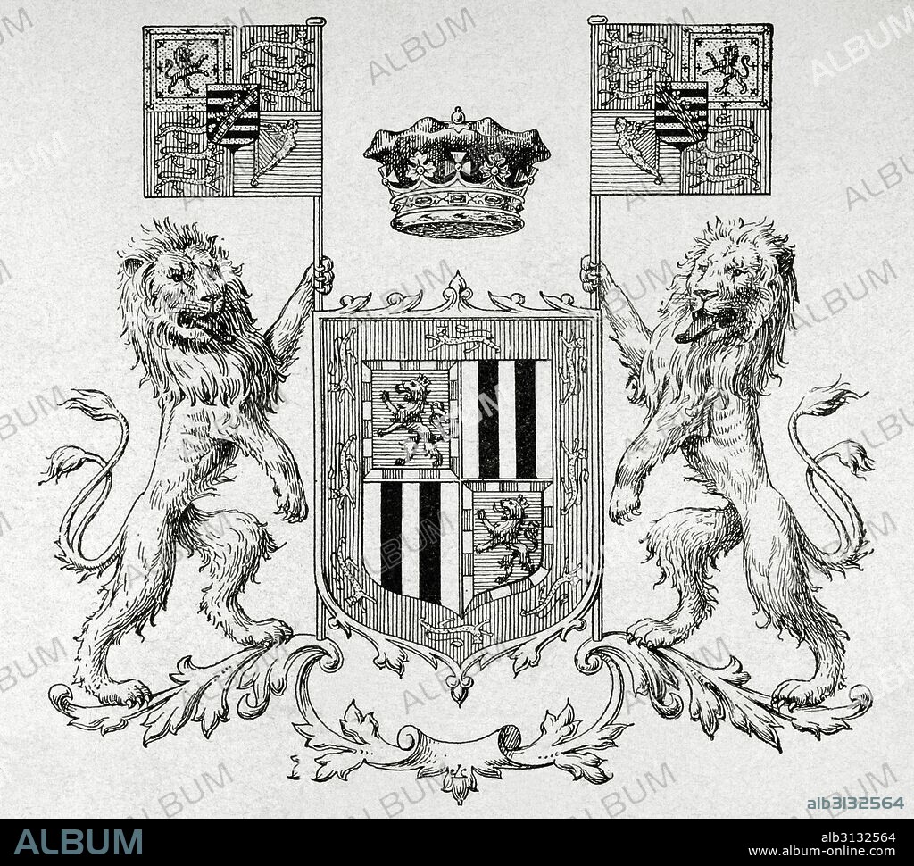 VICTORIA EUGENIA DE BATTENBERG (1887-1969). Reina consorte de España por su matrimonio con el rey Alfonso XIII. Escudo de armas de la reina. Grabado.