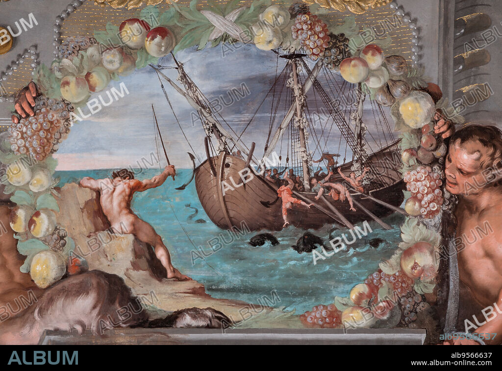 Sassuolo, Este Ducal Palace, the Bacchus Gallery, ceiling: Bacchus transforms the pirates into dolphins. Wall tempera painting by Jean Boulanger, 1650 - 52.