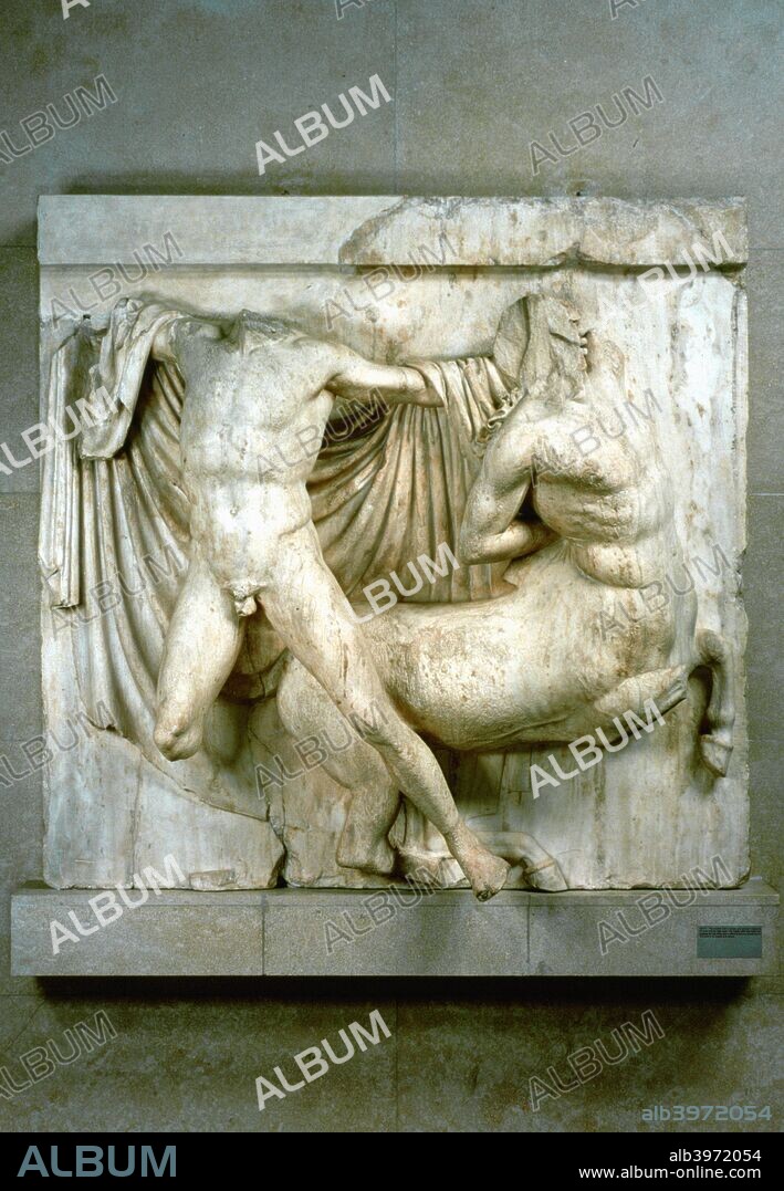 A fight between a human Lapith and a Centaur, metope from the Parthenon, c440 BC. The sculpted decoration of the Parthenon included ninety-two metopes, rectangular slabs which alternate with triglyphs above the architrave, showing scenes of mythical battle. Those on the south flank of the temple included a series featuring human Lapiths in mortal combat with Centaurs. The Centaurs were part man and part horse, thus having a civil and a savage side to their nature. The Lapiths, a neighbouring Greek tribe, made the mistake of giving the Centaurs wine at the marriage feast of their king, Peirithoos. The Centaurs attempted to rape the women, with their leader Eurytion trying to carry off the bride. A general battle ensued, with the Lapiths finally victorious. Located in the British Museum.