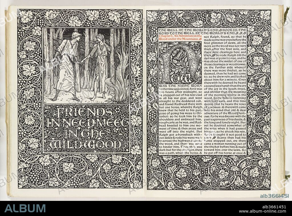 The Well at the World's End. Artist: Sir Edward Burne-Jones (British, Birmingham 1833-1898 Fulham). Author: William Morris (British, Walthamstow, London 1834-1896 Hammersmith, London). Dimensions: 11 3/8 x 8 1/4 x 2 in. (28.9 x 21 x 5.1 cm). Publisher: Kelmscott Press (Hammersmith, London). Date: 1896.
Determined to reform the artistry of book making, William Morris established Kelmscott Press in 1891. One of its finest productions was this medieval romance written by the founder in the archaic style of Thomas Malory and beautifully illustrated by Edward Burne-Jones. In the full-page illustration, Friends in Need Meet in the Wild Wood, the young knight Ralph meets a maiden disguised in armor. Morris designed the elaborate ornamental border of grapevines, the embellished capital letter, and the typeface. Both imagery and text influenced writers J. R. R. Tolkien and C. S. Lewis.