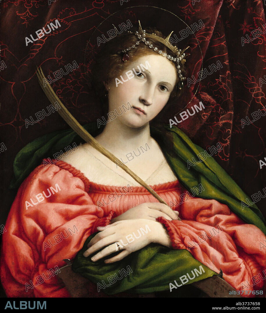 LORENZO LOTTO. Saint Catherine. Dated: 1522. Dimensions: overall: 57.2 x 50.2 cm (22 1/2 x 19 3/4 in.)  framed: 74 x 68.3 x 5.1 cm (29 1/8 x 26 7/8 x 2 in.). Medium: oil on panel.