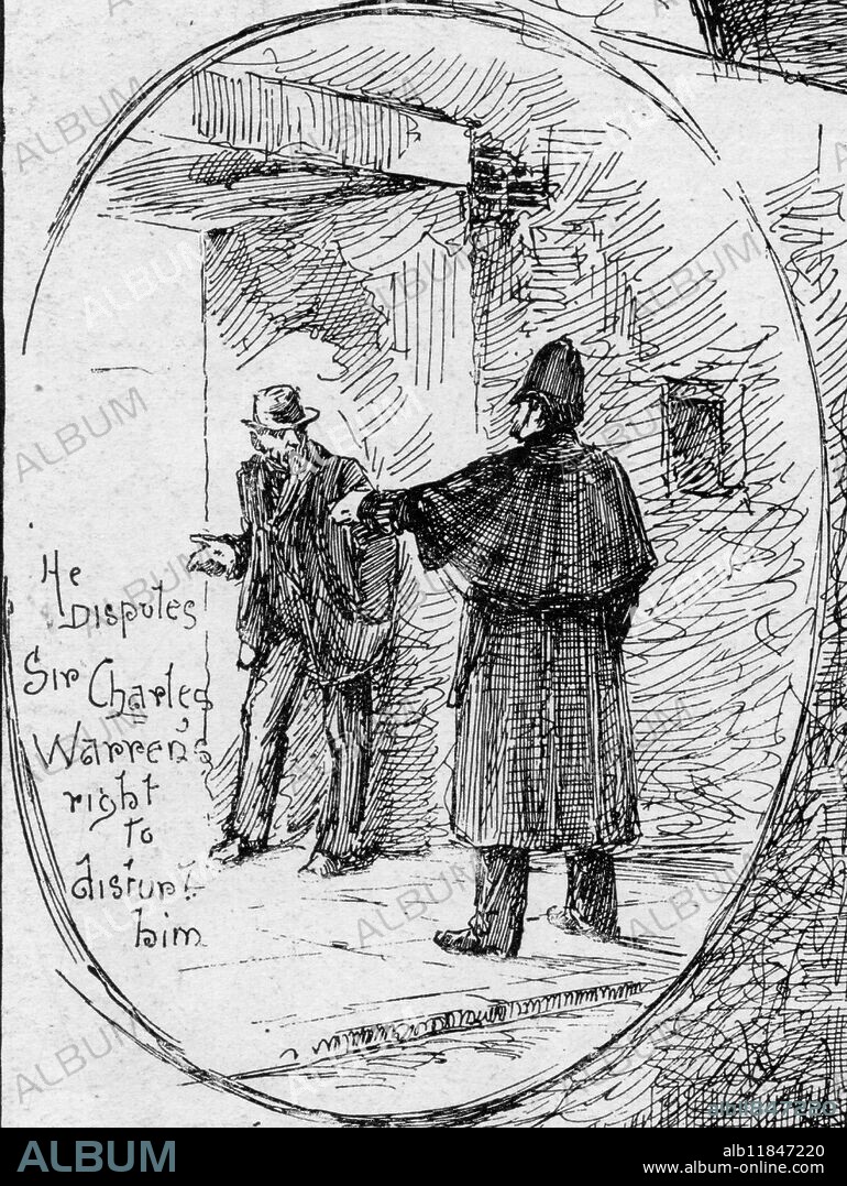 Jack the Ripper - East End Murders 1888. He disputes Sir Charles Warren's right to disrupt him. Police Sketches with the Police in the East End, London. Detail from the Illustrated London News dated 13 October 1888. The article highlights the shortage of police resources and the illustrations by H.C. Seppings Wright show police arresting vagrants and homeless men as suspects for identification.