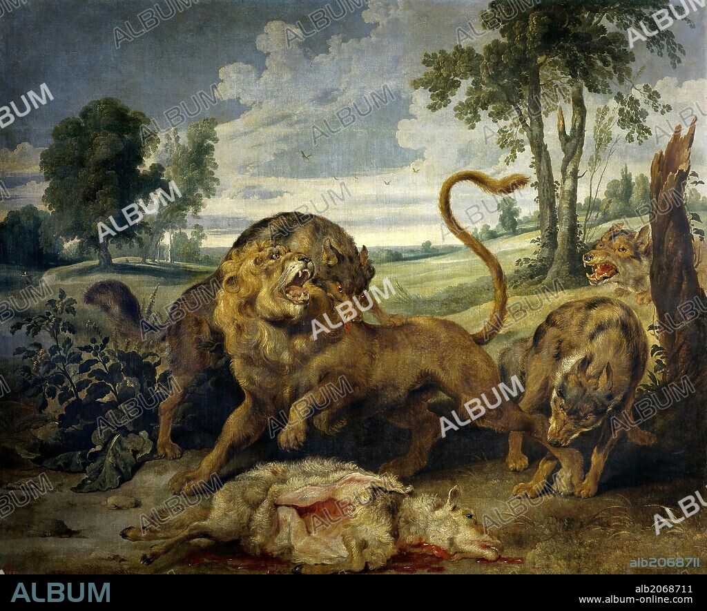 Paul de Vos / 'Un león y tres lobos', Siglo XVII, Escuela Flamenca, Óleo sobre Lienzo, 158 cm x 195 cm, P01760.
