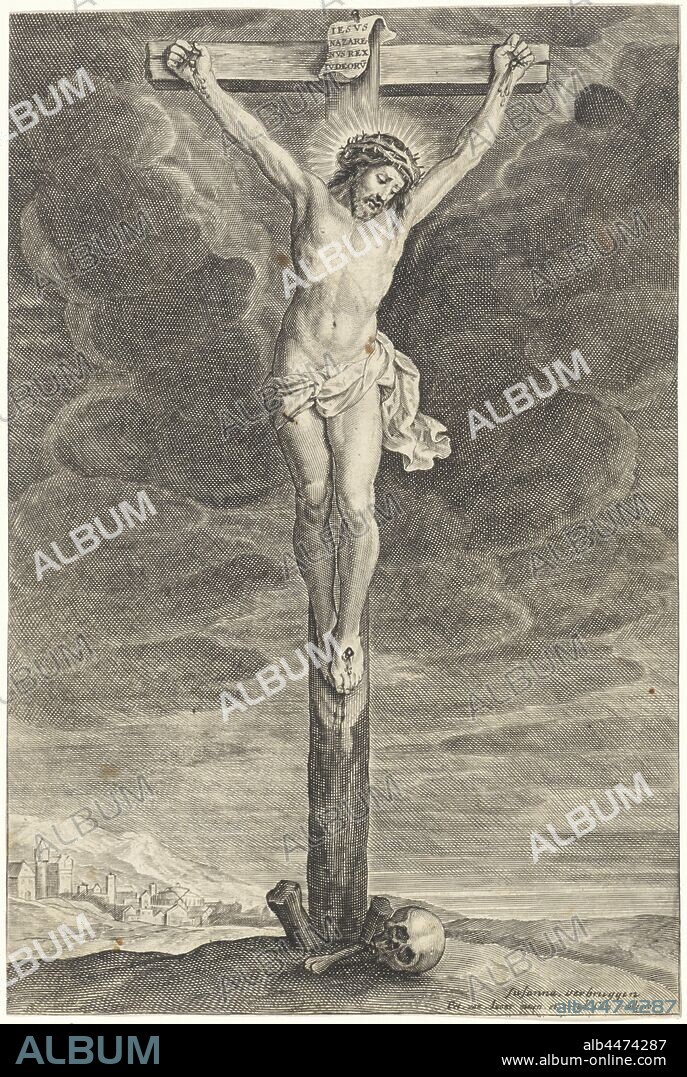 Christ on the cross, a skull and bones at its foot. On the left, Jerusalem, the crucifixion of Christ: Christ's death on the cross, Calvary (Matthew 27: 45-58, Mark 15: 33-45, Luke 23: 44-52, John 19: 25-38), Suzanna Verbruggen (mentioned on object), Antwerp, 1622 - 1652, paper, engraving, h 221 mm × w 149 mm.