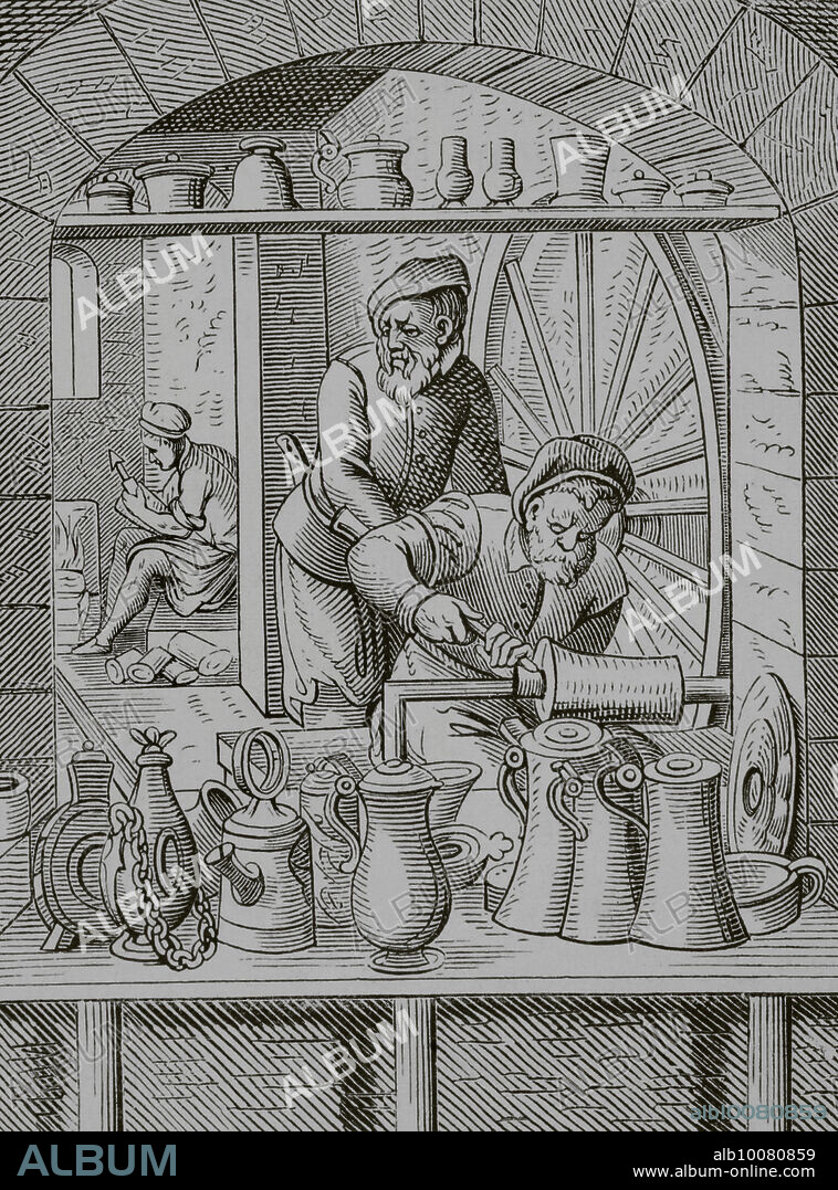 El artesano del estaño. Reproducción de un grabado del siglo XVI por Jost Amman. "Moeurs, usages et costumes au moyen-âge et à l'époque de la Renaissance", por Paul Lacroix. París, 1878.