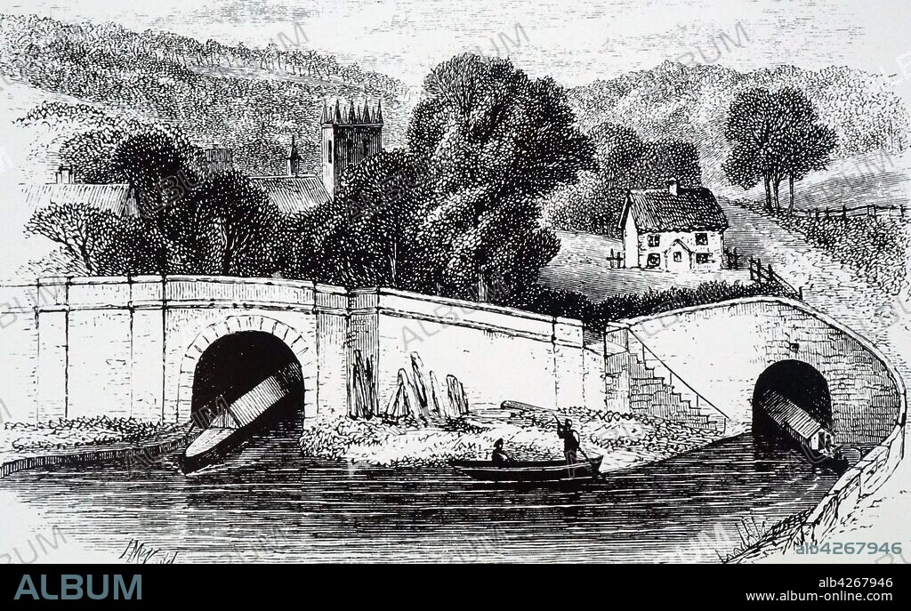An engraving depicting the northern entrance to the Harecastle tunnel on the Grand Trunk Canal (Trent and Mersey Canal). The entry on the right is Brindley's and that on the left Telford's. Dated 19th century.