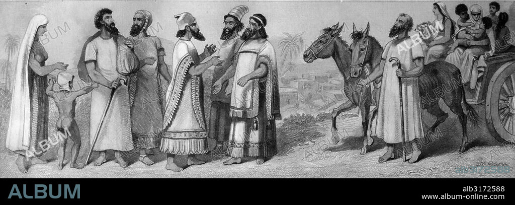 Cultural history, people of the past: hebrews left, right ancient jewish wagon, historical illustration.