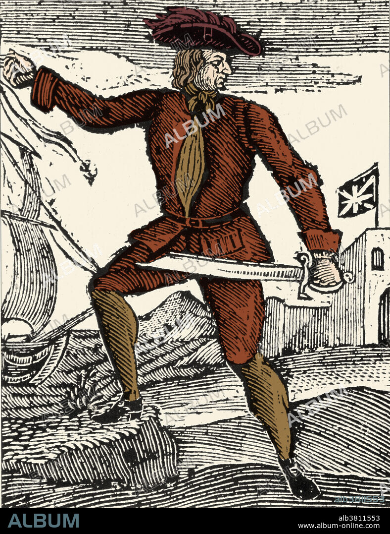 Colorized artwork of Howell Davis (1690 - June 19, 1719), a Welsh pirate. His pirate career lasted only 11 months. In July 1718 the slave ship Cadogan, on which he was serving as a mate, was captured by the pirate Edward England and he was asked to join. He crossed the Atlantic to terrorize shipping in the Cape Verde Islands and the Gold Coast. After trying to deceive and capture the governor of the Portuguese island of Principe, his ship was ambushed and Davis was shot dead on June 19, 1719. His ships were the Cadogan, Buck, Saint James, and Rover. Davis captured 15 known English and French ships.