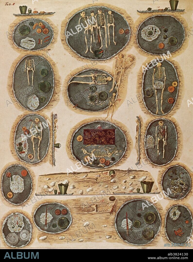 In 1846, Johann Georg Ramsauer (1795-1874) discovered a large prehistoric cemetery near Hallstatt, which he excavated during the second half of the nineteenth century. Hallstatt gave its name to the Hallstatt Culture from which the Celts emerged. Used from the 8th to the 4th century BC, approximately 2000 to 4000 burials took place of which 1300 are recorded / preserved in museums. There are roughly as many inhumations as there are cremations, that is graves with skeletons or the ash of the cremation. Most of the identifiable warrior burials were cremations. Inhumation and cremation were practiced concurrently. There were no forms of grave markers above ground. Most of the bodies were lined up East - West. Many of the richer finds were made in the cremation burials which for the most part were also the warrior burials. The main distinction is in burial rite and grave goods: in the western zone, members of the elite were buried with sword or dagger, in the eastern zone with an axe. The western zone has chariot burials. In the eastern zone, warriors are frequently buried in full armor. Illustration originally captioned: Not yet equipped with cameras, they made drawings of the graves. An unknown local artist painted these watercolors.