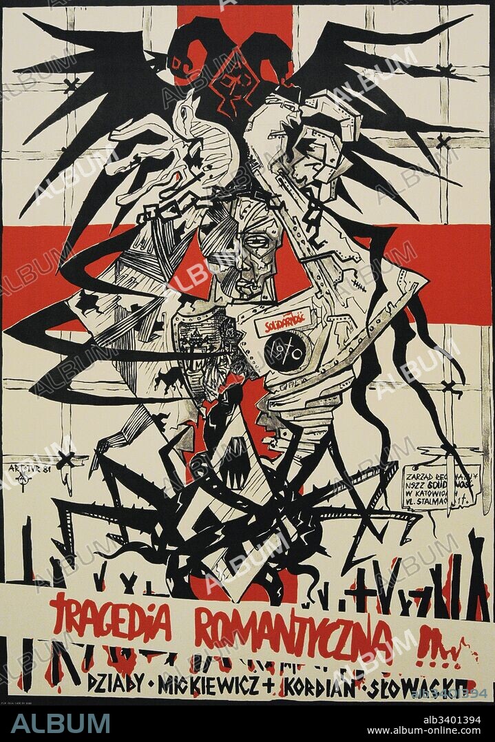 Cartel del espectáculo Tragedia Romántica basada en los poemas Dziady (Víspera de los Antepasados) de Adam Mickiewicz (1798-1855) y Kordian de Juliusz Slowacki (1809-1849). Julio de 1981. Spodek, Katowice. Polonia.