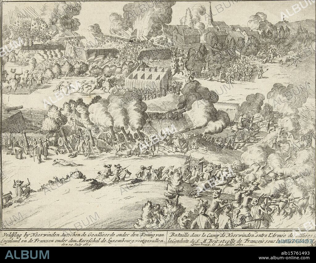 Battle of Landen, 1693, Battle of Neerwinden, between the Allies under the King of England and the French under the Mareschal de Luxembourg, which occurred on 29 July 1693 (title on object), England's Schoutoneel, depicting the most memorable in and around England, Yerland, Vrankryk and the Netherlands, since the year 1692, until the Burial of Queen Maria the second, 1695 (series title on object), Battle of Landen (or Neerwinden) on July 29, 1693 between the allied army under King William III and the French army under the Duke of Luxembourg. Plate no. With captions in Dutch and French., print, print maker: anonymous, print maker: Laurens Scherm, (possibly), publisher: Adriaen Schoonebeek, (mentioned on object), print maker: Northern Netherlands, print maker: Amsterdam, publisher: Amsterdam, 1695, paper, etching, height, 152 mm × width, 199 mm.