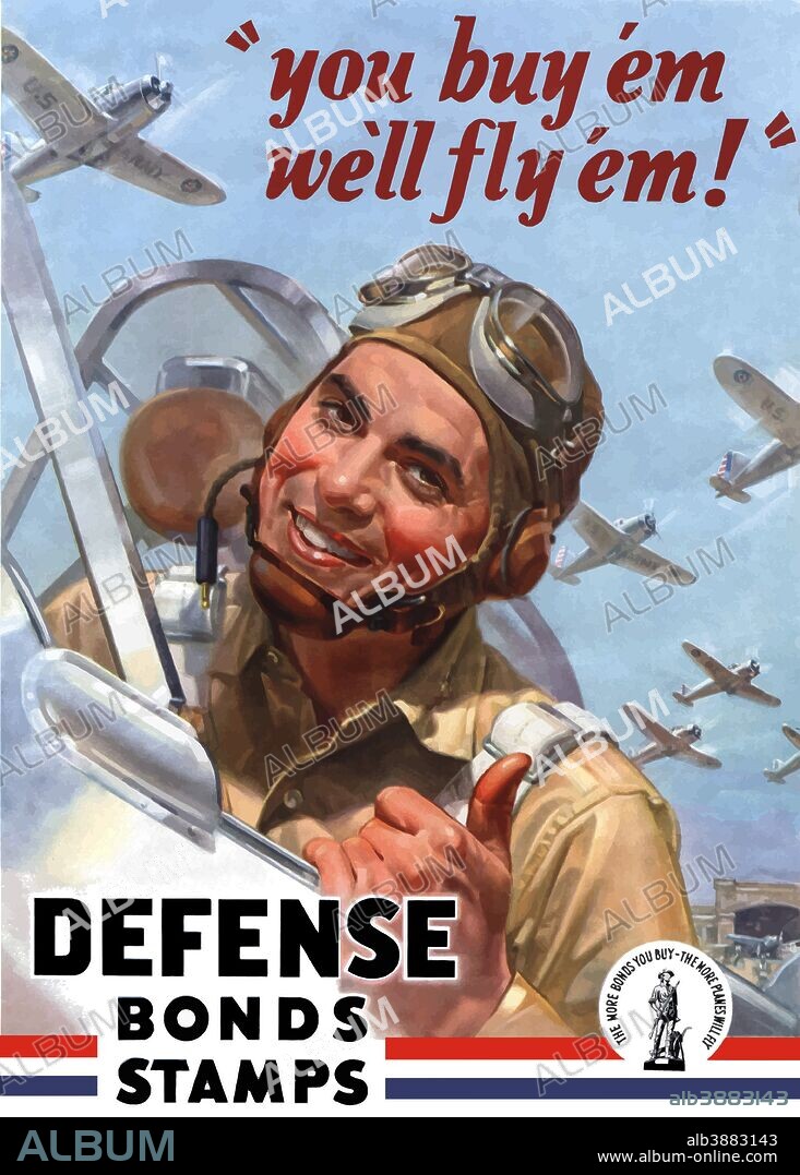 Digitally restored war propaganda poster. This vintage World War Two poster features an American fighter pilot, giving the thumbs up from his plane, in a plane filled sky. It declares - You Buy 'em, We'll Fly 'em -- Defense Bond Stamps.