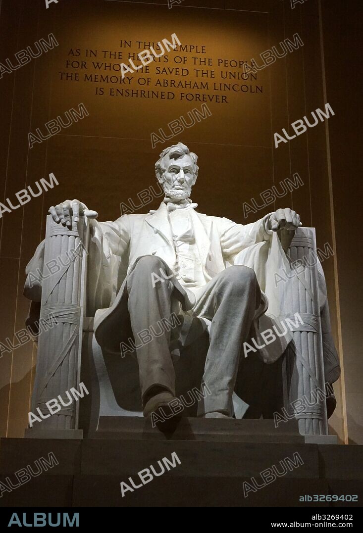 Statue of Abraham Lincoln within the Lincoln Memorial Monument. Sculptured by Daniel Chester French (1850-1931) and American sculptor. Dated 21st Century.