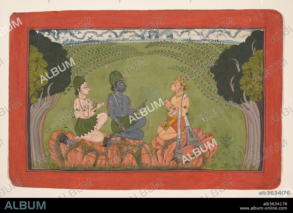 Hanuman before Rama and Lakshmana. Culture: India (Punjab Hills, Mankot). Dimensions: 8 x 12 1/8 in. (20.3 x 30.8 cm). Date: ca. 1710-25.
When Hanuman, as the messenger of Sugriva, first encounters Rama and Lakshmana, he assumes the form and aspect of a sage. After much discussion a pact of friendship is decided upon and Hanuman returns to his natural monkey form. This moment was chosen, as Hanuman's disguise would have confused the viewer; moreover this portrayal allowed the artist to emphasize his role as a general of the great monkey army. The Mankot Ramayana series (see also Lakshmana and Sugriva Being Carried by Palanquin to Receive Rama's Blessings) focuses on Rama's exile in the forest; the heroes are depicted in the attire of forest dwellers--leaf shirts and hats--and the landscape is rendered in green. The narrow skyline is broken by jagged storm clouds, descendents of the Persian clouds introduced 150 years earlier.