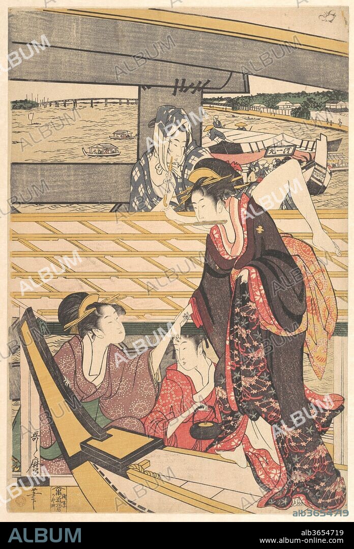 Pleasure Parties in Boats on the Sumida River under the Ryogoku Bridge. Artist: Kitagawa Utamaro (Japanese, ca. 1754-1806). Culture: Japan. Dimensions: 15 3/32 x 10 1/5 in. (38.3 x 25.9 cm). Date: ca. 1796.